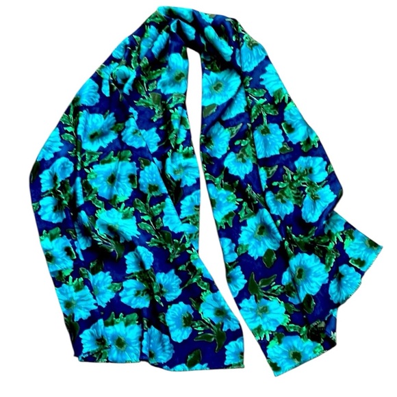 100% Silk Large Vibrant Floral Scarf/Wrap in Blue and Green by J. Crew EUC - Picture 3 of 11
